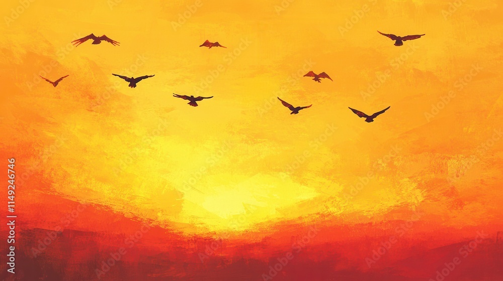 Fototapeta premium Sunset Landscape Painting with Silhouetted Birds in Flight Vibrant Orange and Red Hues, Textured Background