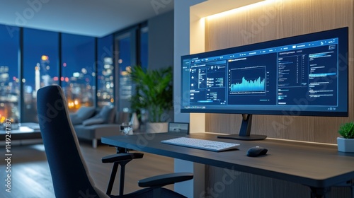 Modern Office Workspace with Computer, Night City View, Data Analysis Software, Stylish Decor, and Ambient Lighting