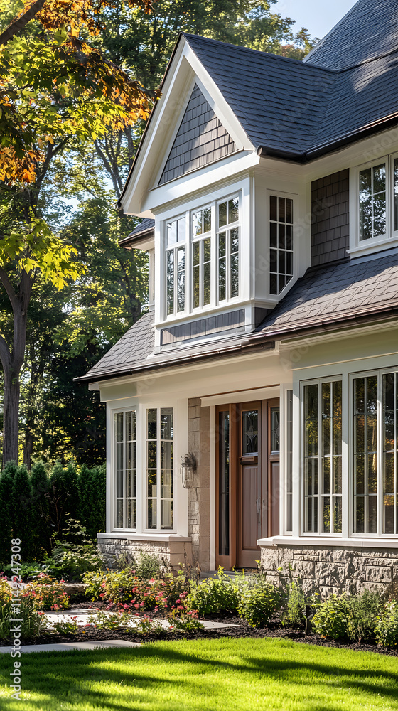 Two-Story House with Gray Shingle Siding and Bay Windows Two-Story House with Gray Shingle Siding and Bay Windows