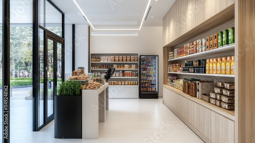 Modern Grocery Store Interior with Organized Shelves and Clean Aesthetic, Natural Light Flooding In