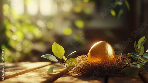 Investment concept with golden nest egg resting on a natural wood table