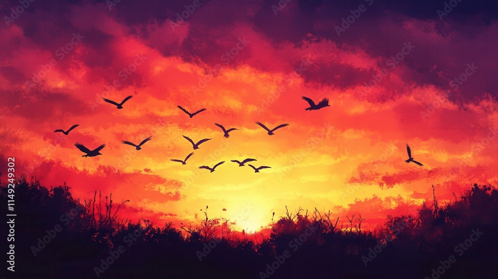 Fototapeta premium Fiery Sunset Landscape with Silhouetted Birds Dramatic Orange and Red Sky, Nature Photography