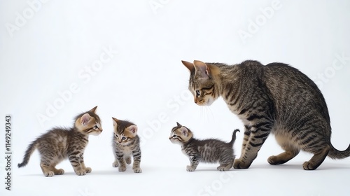 Mother cat interacting with her playful kittens on a white background.