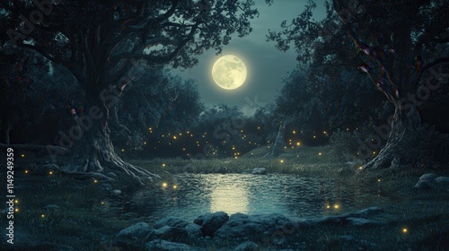 Enchanting Moonlit Forest Pond with Fireflies Magical Night Scene in Serene Nature