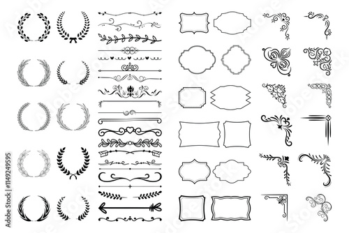 Vintage calligraphic elements. Decorative frames, flourish dividers, borders. Beautiful swirls, sinks decorated with motifs and scrolls. Circle, square and rectangular frames for cards vector