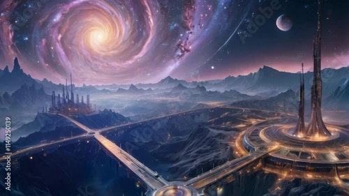 Stunning cosmic landscape with swirling galaxy above futuristic cityscape, featuring towering structures, winding roads, and vibrant night sky filled with stars and mountains.