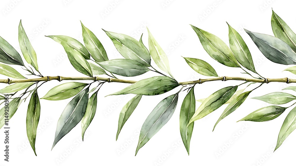 Obraz premium Watercolor Green Leaves Bamboo Branch Border Botanical Illustration Floral Design Element