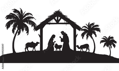 silhouette image of a Nativity scene featuring Mary, Joseph, baby Jesus in a manger, animals, and palm trees under a stable. A serene Christmas design emphasizing peace, faith, and tradition. 