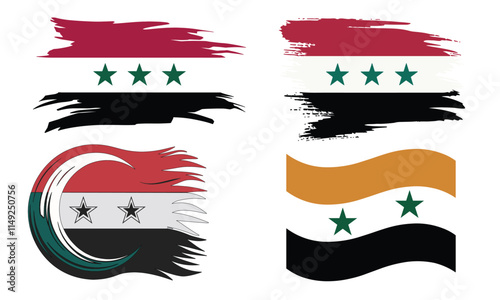 Creative syrian flag designs featuring stars, brush strokes, and wave patterns in vibrant styles. Perfect for patriotic, cultural, and artistic themes with a modern abstract touch.