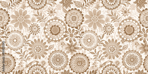A detailed floral pattern featuring intricate designs in shades of brown, perfect for vintage-style decor.