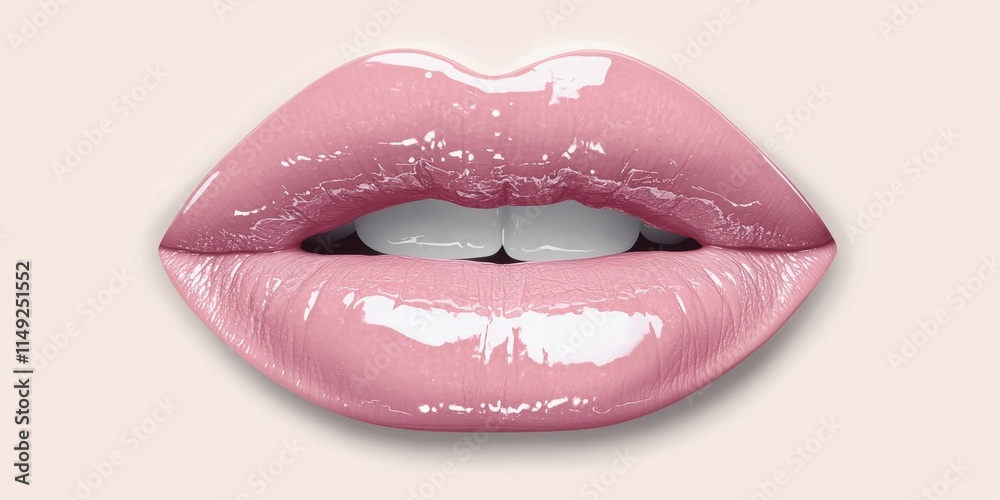Obraz premium Plump pale pink lips with high gloss and natural creases, centered on a blank white field