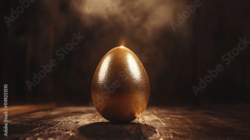 Shimmering golden egg on dark wooden surface for prosperity and savings theme photo