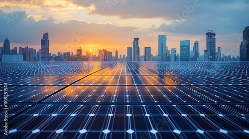 City skyline at sunset reflected on vast solar panel array.