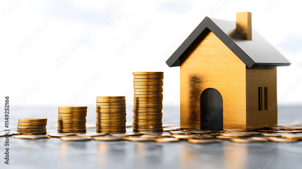 A small wooden house stands beside a growing stack of coins, symbolizing real estate investment and financial growth A small wooden house stands beside a growing stack of coins, symbolizing real estate investment and financial growth