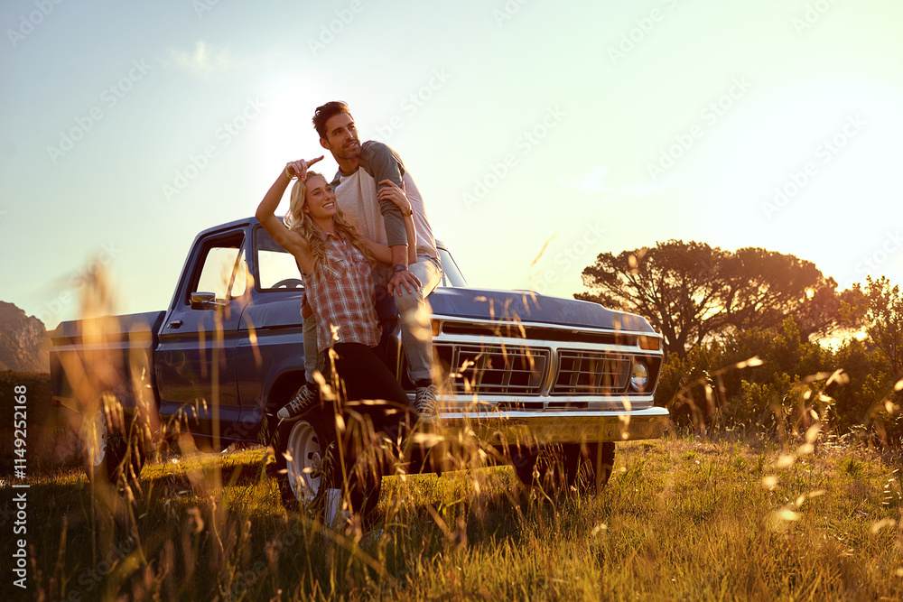 Obraz premium Couple, relax and car with sunset for road trip, vacation or holiday together in countryside. Man, woman or lovers with smile for adventure, travel or sightseeing on vehicle or grass field in nature