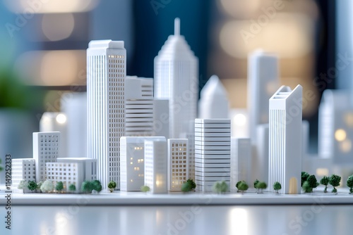 Skyline with skyscrapers and buildings, stands out against the other tall buildings, empty gray background highlighting their white color photo