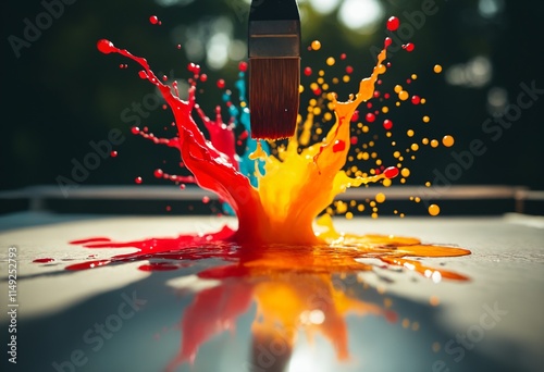 A vibrant splash of blue, red, and yellow paint erupts as a paintbrush makes contact, capturing the energy and creativity of artistic expression in motion.