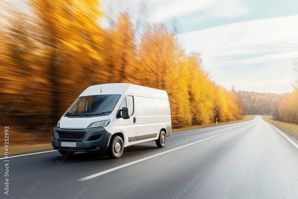 Fototapeta premium White van drives fast on road. Autumn trees line road. Fast transportation concept. Modern vehicle on highway. Business delivery service. Autumn scenery. Outdoor transportation. Logistics industry.