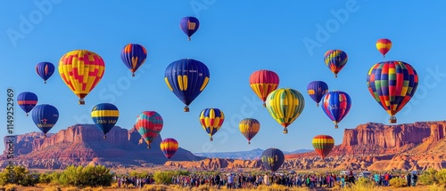A serene hot air balloon festival in New Mexico, where dozens of colorful balloons rise into a crisp blue sky over desert landscapes dotted with mesas and cacti, as families watch in awe from 