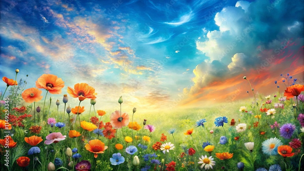 Fototapeta premium Vibrant Wildflower Meadow at Sunset A Serene Landscape of Blooming Poppies and Diverse Flowers under a Colorful Sky