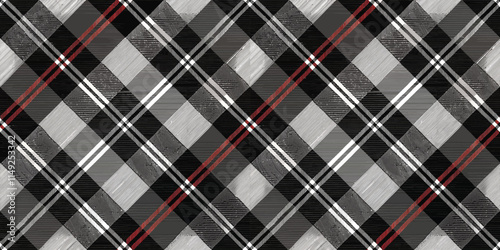 A stylish, modern plaid pattern in shades of gray with hints of red, perfect for contemporary design themes.