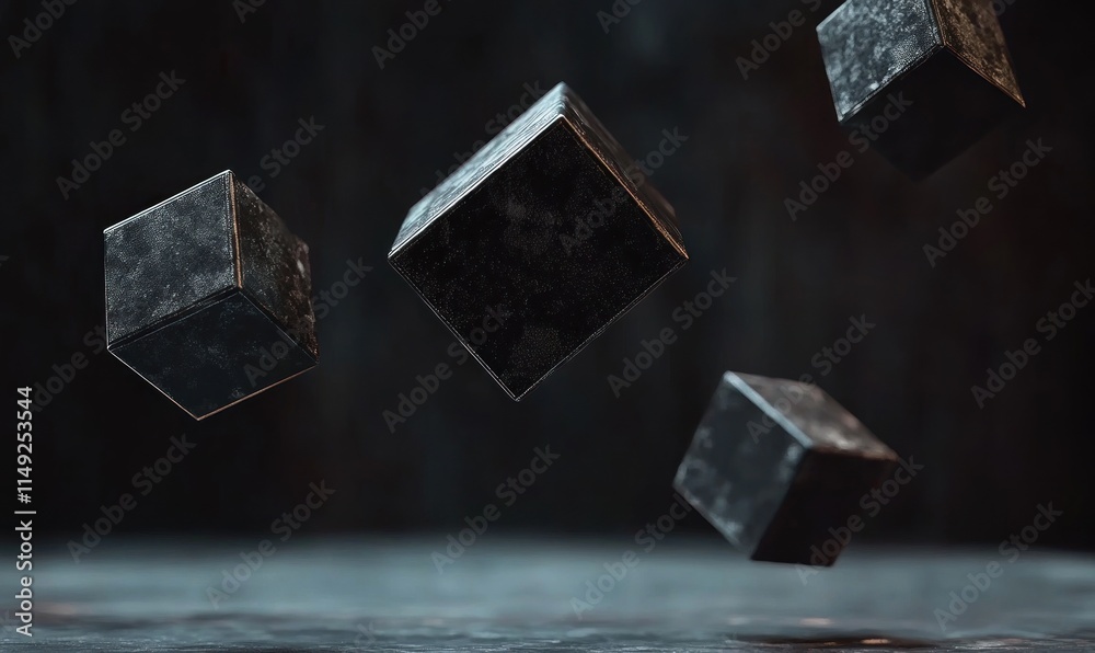 Four dark, textured cubes levitate against a moody background. Four dark, textured cubes levitate against a moody background.