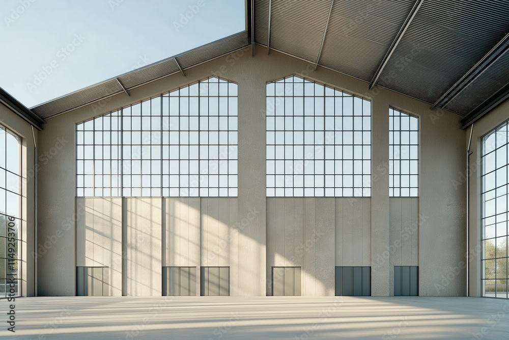 Obraz premium Empty spacious modern building with large windows, metal roof. Huge hall with lots of natural light. Suitable for different uses like office complex, warehouse, event space. Exterior view modern