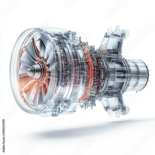3D Render of Transparent Jet Engine with Detailed Internal Components and Turbine Blades - High-Resolution Industrial Technology Image