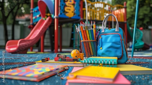 Wallpaper Mural Back to school mockup with a variety of educational tools, notebooks, and a school bag on a playground background, with a mockup Torontodigital.ca
