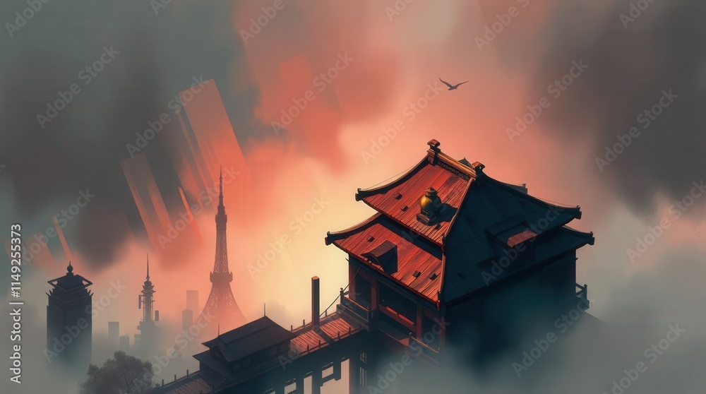 Obraz premium Isometric fantasy Tokyo with pagoda, showcasing Japanese culture, suitable for design.