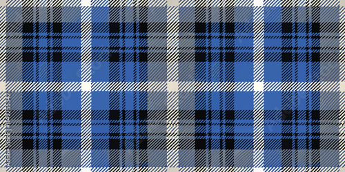 A vibrant blue plaid pattern with intricate black and white lines, showcasing a classic textile design.