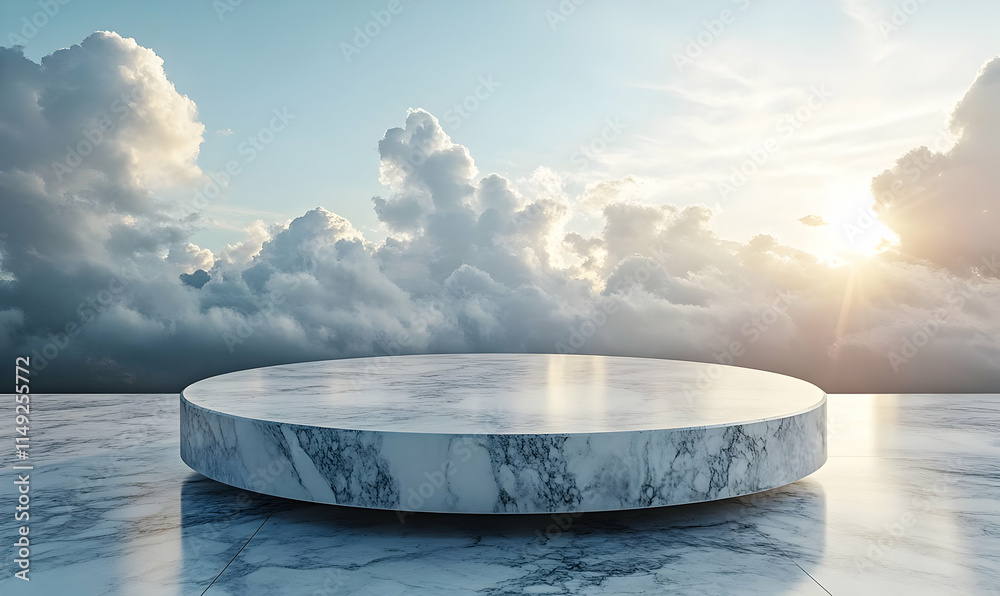 A marble platform against a cloudy sky, illuminated by a soft sunrise. A marble platform against a cloudy sky, illuminated by a soft sunrise.