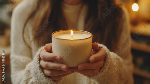 Close-up of hands holding a lit candle, cozy warm setting