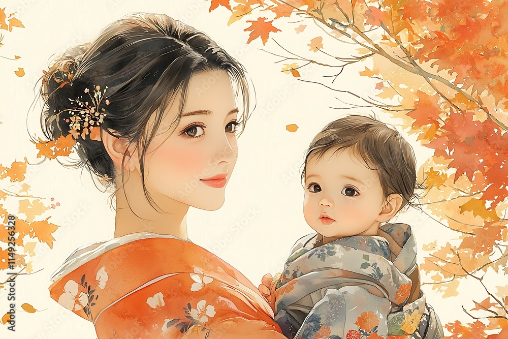 Watercolor Painting of a Mother in a Kimono Holding Her Baby Against a Background of Autumn Leaves. Watercolor Painting of a Mother in a Kimono Holding Her Baby Against a Background of Autumn Leaves.