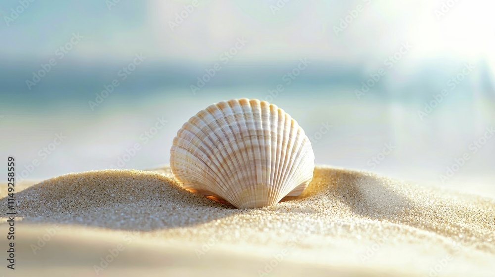 Solitary Seashell Resting on Sandy Beach Shoreline Solitary Seashell Resting on Sandy Beach Shoreline
