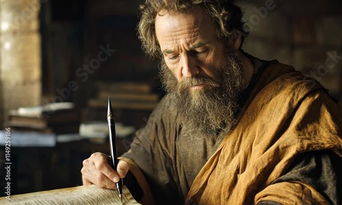 A Scholarly Figure Pensively Writes in an Ancient Book
