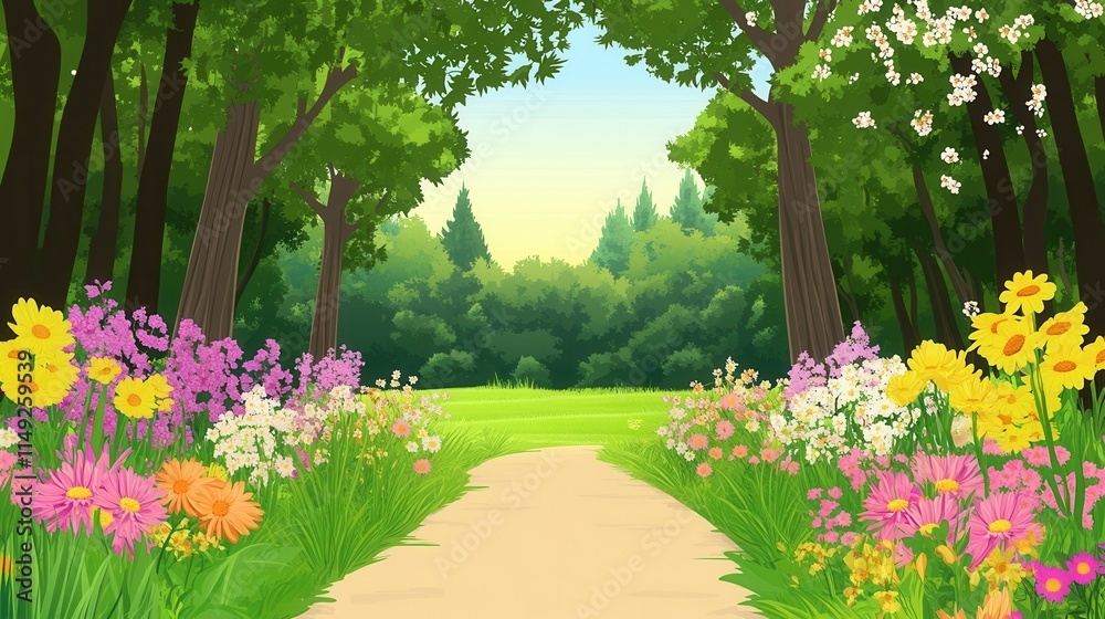 Fototapeta premium Serene Garden Path A Vibrant Spring Landscape Illustration with Blooming Flowers and Lush Green Trees