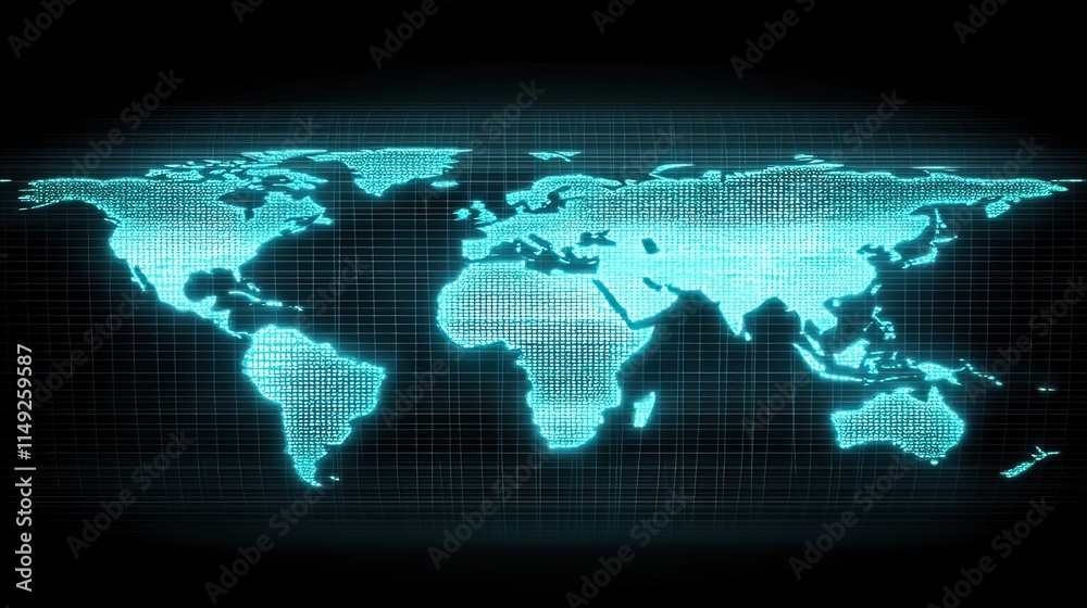 Glowing digital world map on dark background. Glowing digital world map on dark background.