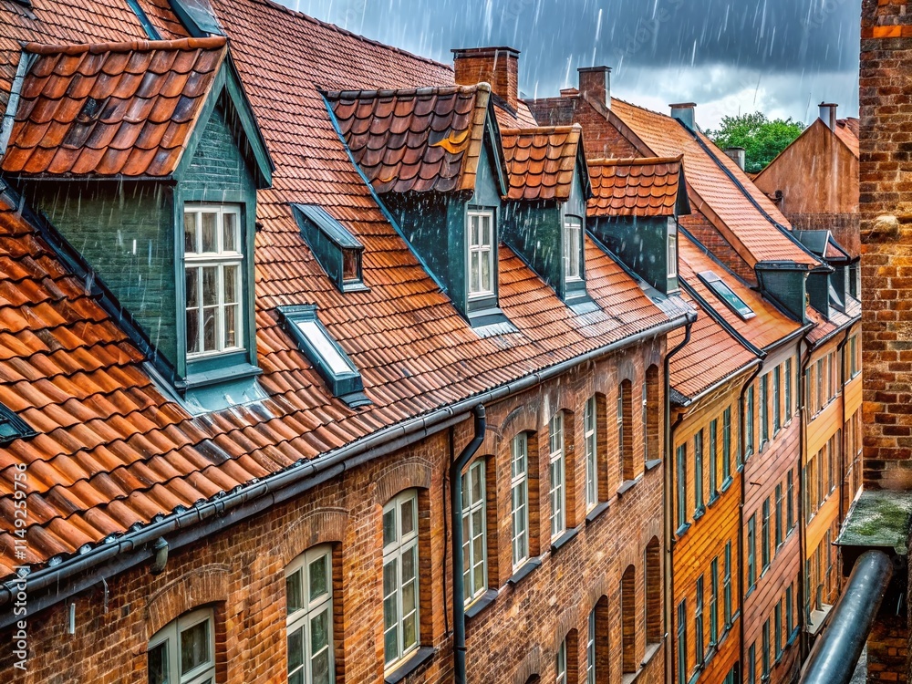 Minimalist Copenhagen Rain: Old Brick Buildings, Bispebjerg District Minimalist Copenhagen Rain: Old Brick Buildings, Bispebjerg District