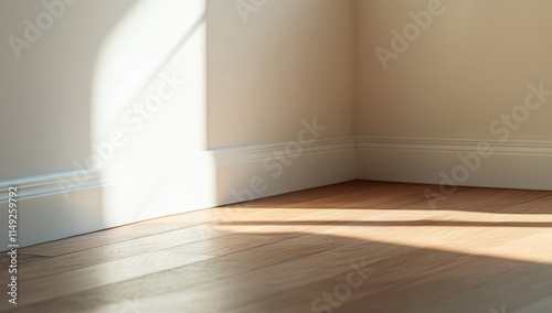 明るい日の光が床に落ちる静かな部屋のコーナー