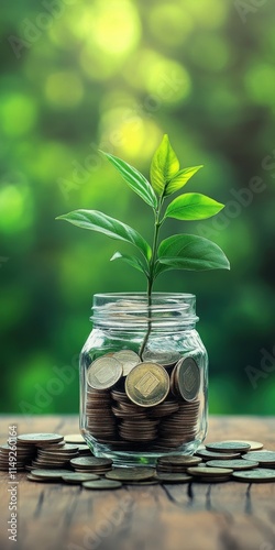 A vibrant image of a small plant sprouting from a jar filled with coins, symbolizing growth, investment, and the nurturing of financial future in a lush green environment. photo