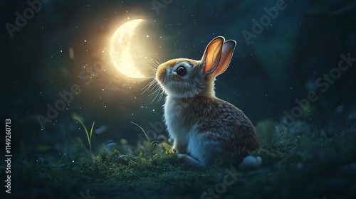 Cute rabbit looking skyward from a luminous floating moon in a magical twilight setting