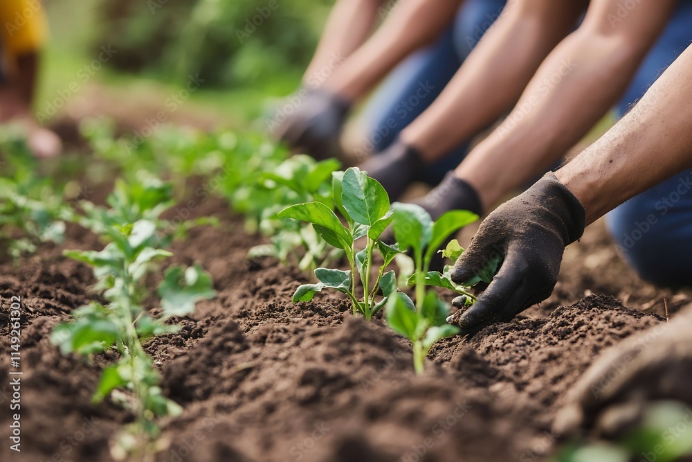 Farmers Planting Seeds in Rows on Vast Green Agricultural Field Farmers Planting Seeds in Rows on Vast Green Agricultural Field