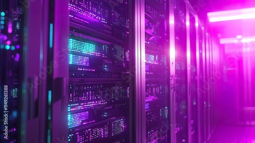Rows of illuminated servers in a modern data center at night.