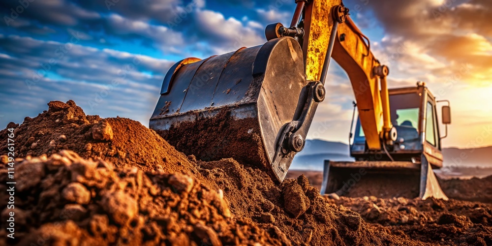 Fototapeta premium Minimalist Excavator Bucket, Dark Brown Soil, Close Up, Construction, Heavy Equipment, Earthmoving, Digging, Agriculture, Ground, Texture, Photography