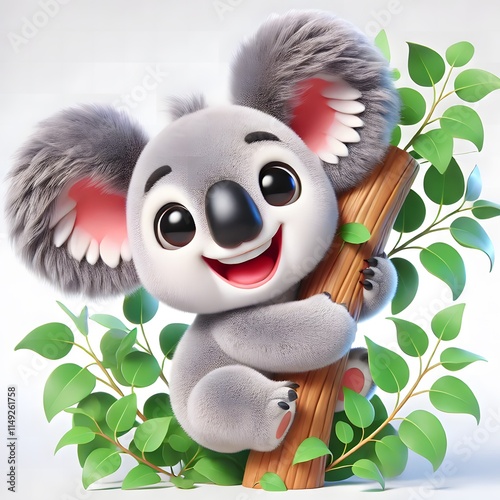 Playful cartoon koala climbing tree nature setting digital illustration bright environment whimsical viewpoint cute concept photo