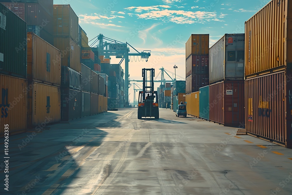 Naklejka premium Forklift loader in warehouse. 3d rendering with clipping path