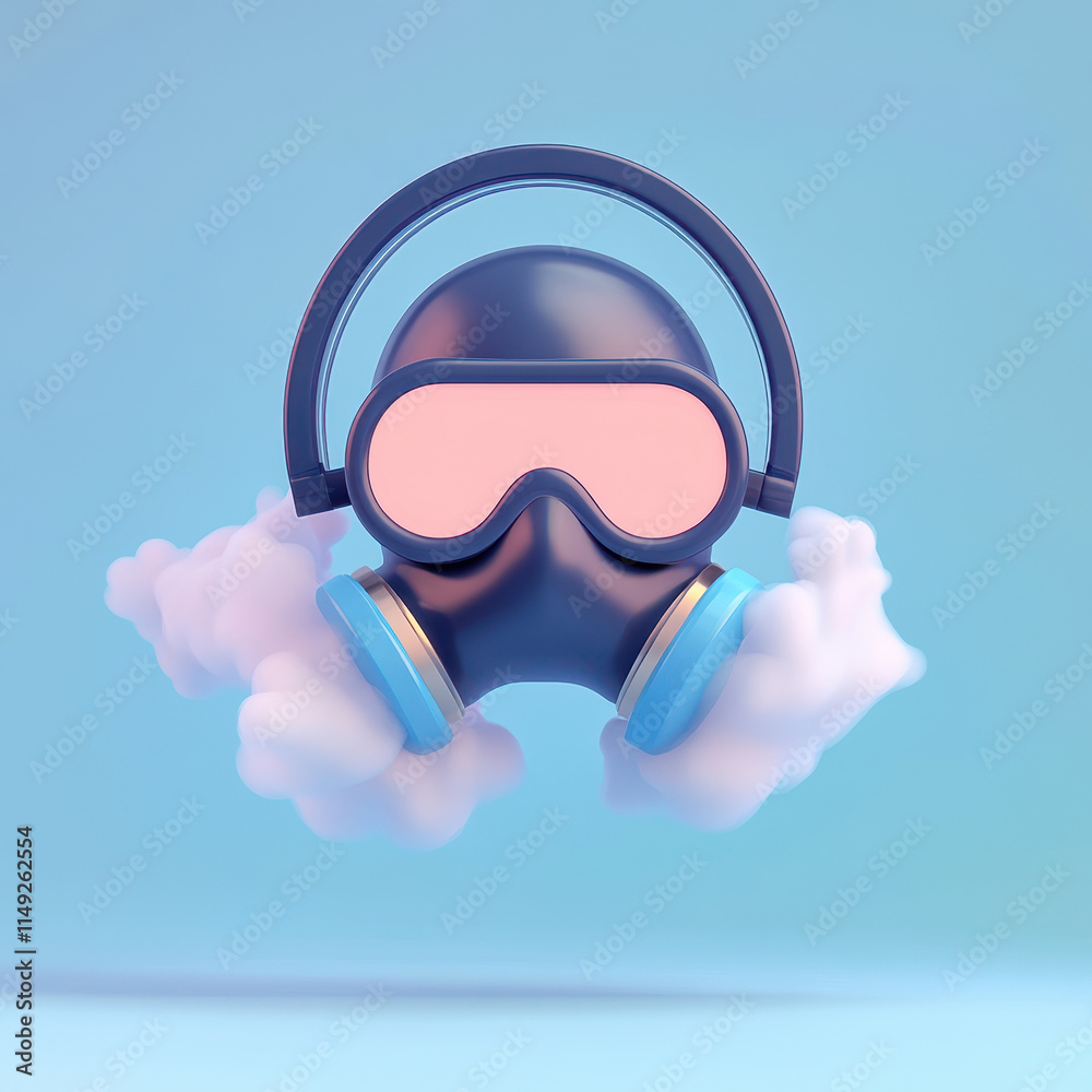 playful gas mask character with headphones and clouds, evoking curiosity playful gas mask character with headphones and clouds, evoking curiosity