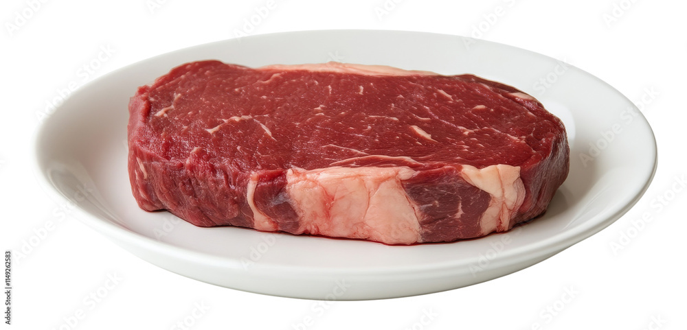 Raw ribeye steak on a white plate, close-up. culinary and dining concept Raw ribeye steak on a white plate, close-up. culinary and dining concept