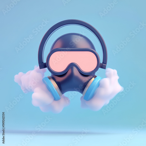 playful gas mask character with headphones and clouds, evoking curiosity photo